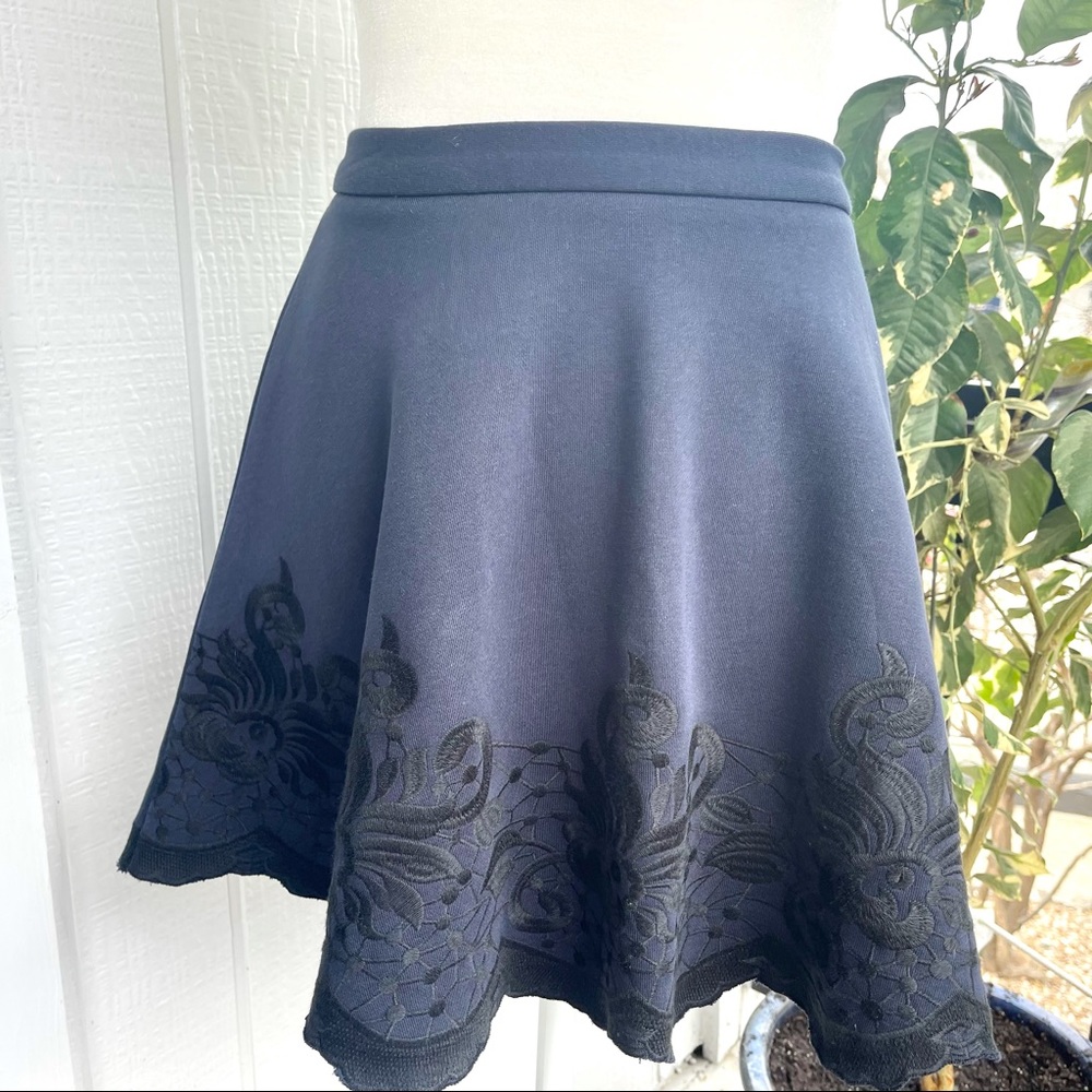 Blue fall skirt w floral embroidery
